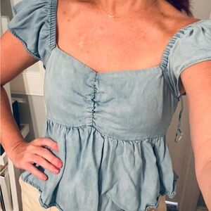 Lone Star Pride Chambray Ruched Peplum Blouse